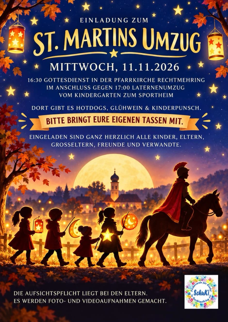Einladung zum St. Martinsumzug am Mittwoch, 11.11.2026: Gottesdienst um 16:30 Uhr in der Pfarrkirche Rechtmehring, gegen 17:00 Uhr Laternenumzug vom Kindergarten zum Sportheim. Plakat mit Kindern mit Laternen und St. Martin auf dem Pferd.